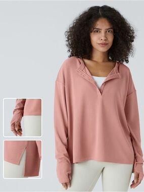 NWT Halara Rose Tan Button Front Thumb Hole Split Waffle Casual Sweatshirt